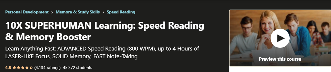 10x Superhuman Learning Speed Reading Course