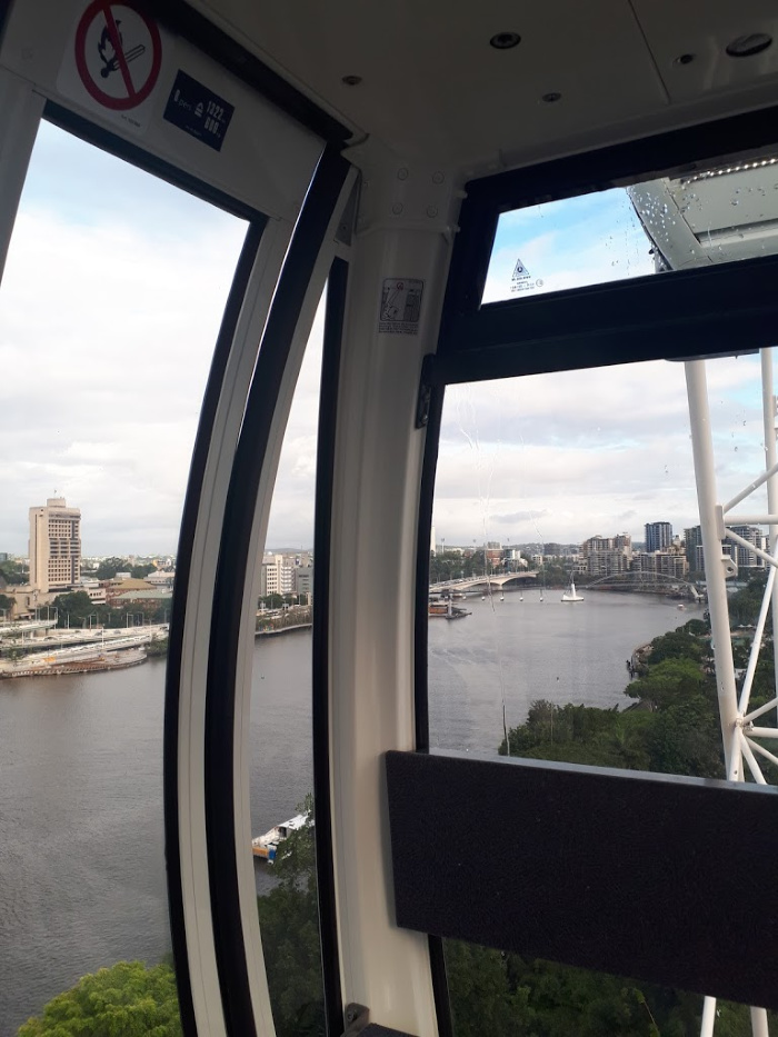 Inside a gondola on the Wheel of Brisbane.